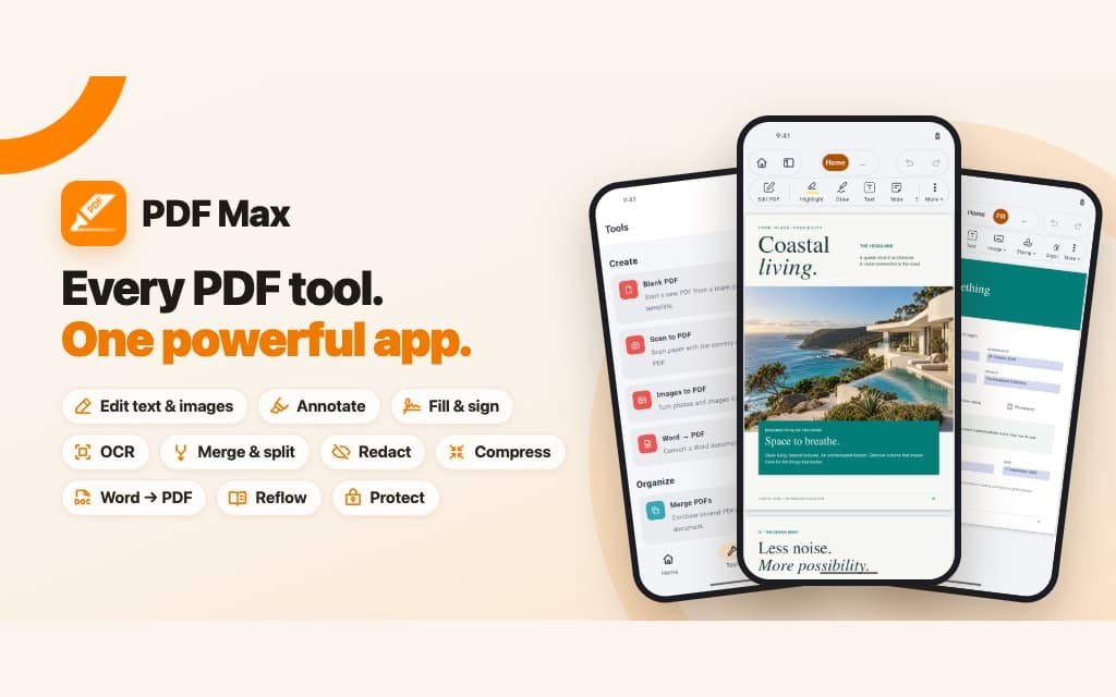 PDF Max on Android showing its PDF editor, document tools, and fill-and-sign workflow