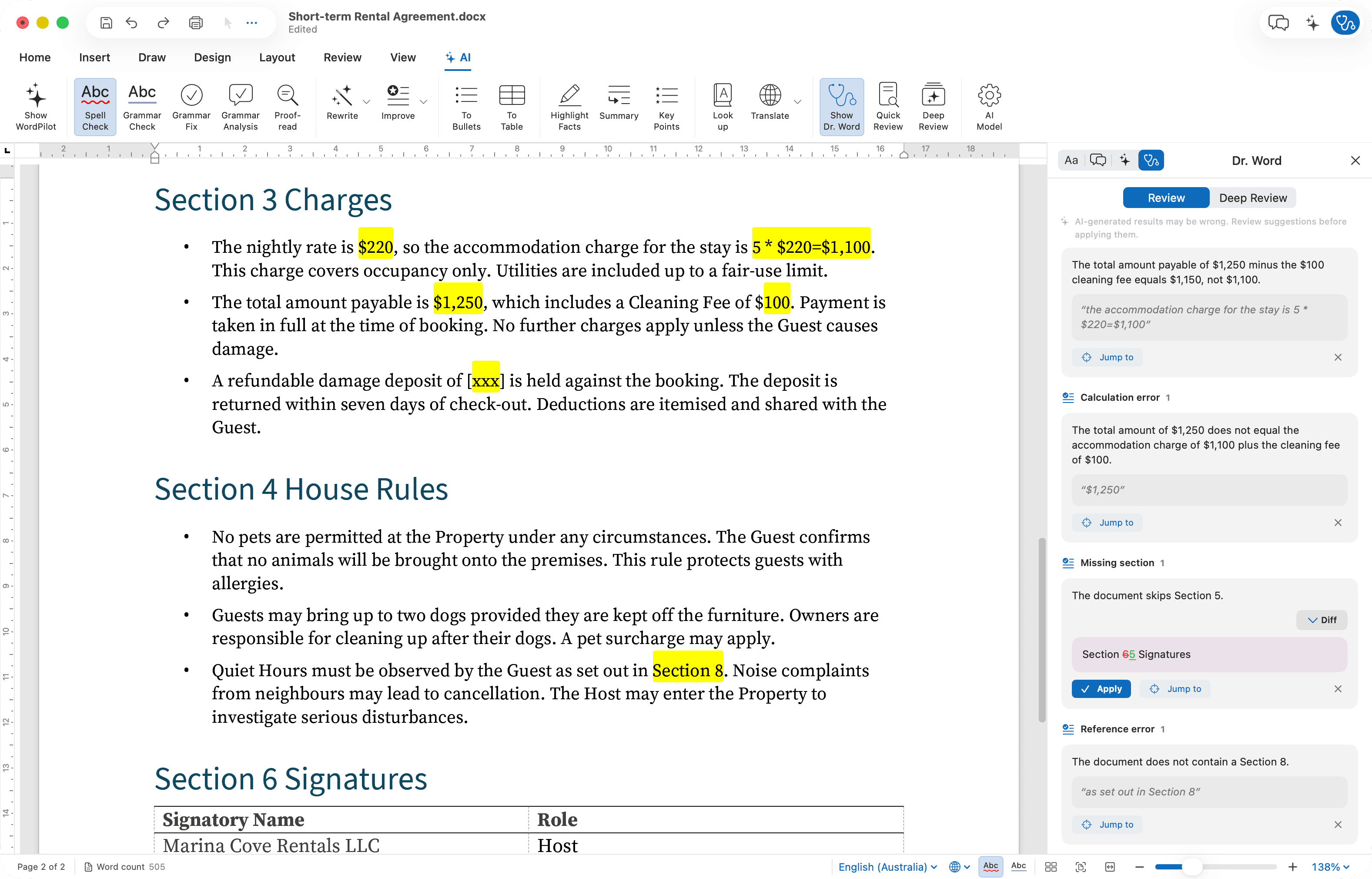 WordPilot on macOS with the Dr. Word review panel open, flagging a mismatched total, a skipped section number, an unfilled placeholder, and a broken cross-reference.