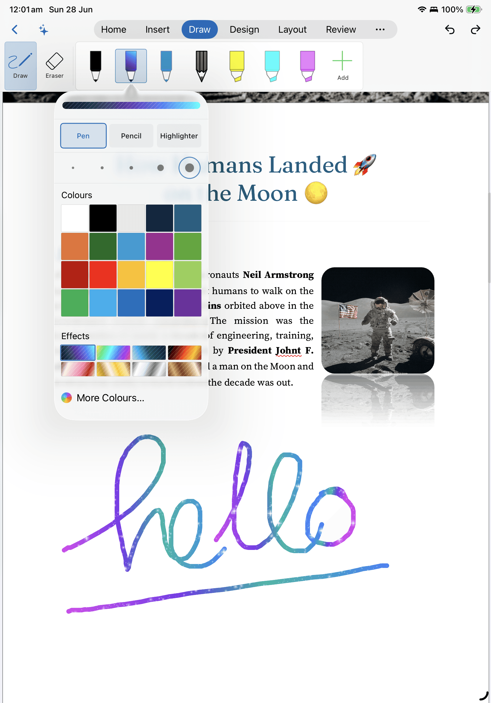 WordPilot on iPad with the Draw tab open — sketching with Apple Pencil, shapes, and ink annotations.