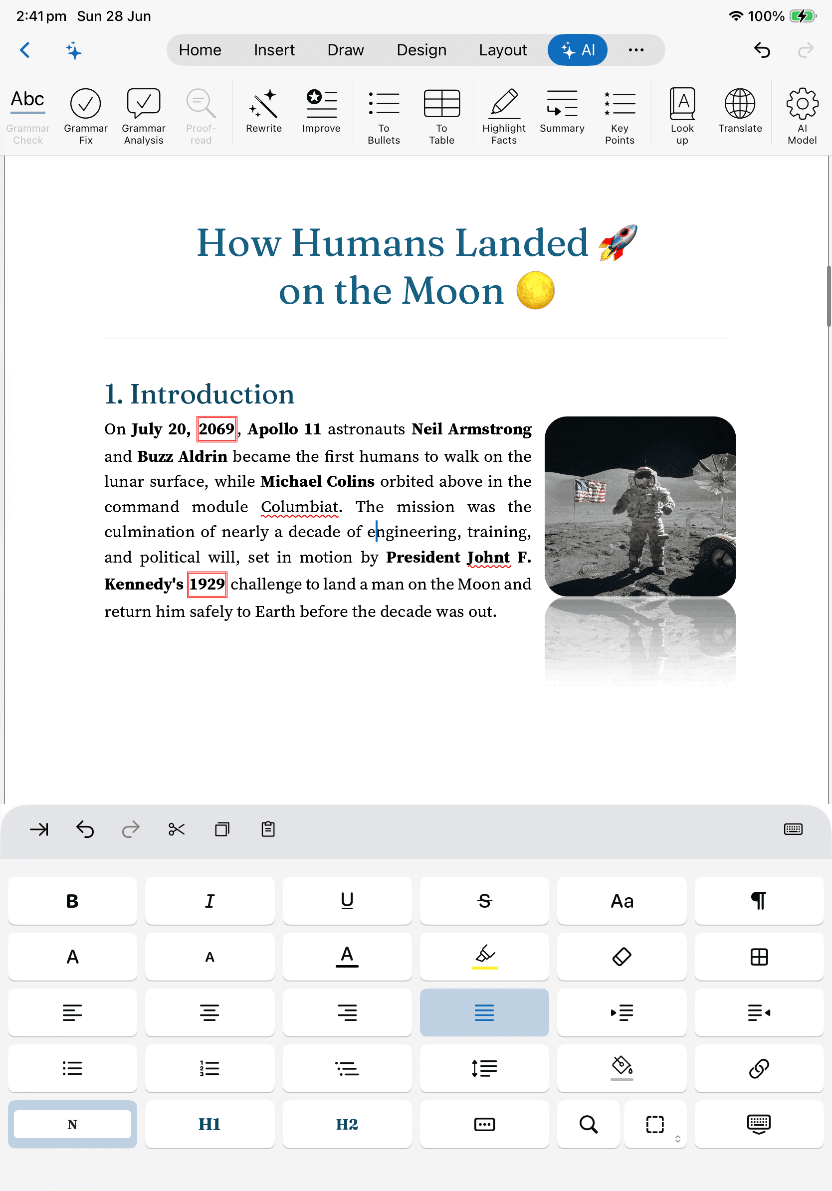 WordPilot on iPad, editing a document with the ribbon and the iOS keyboard accessory.