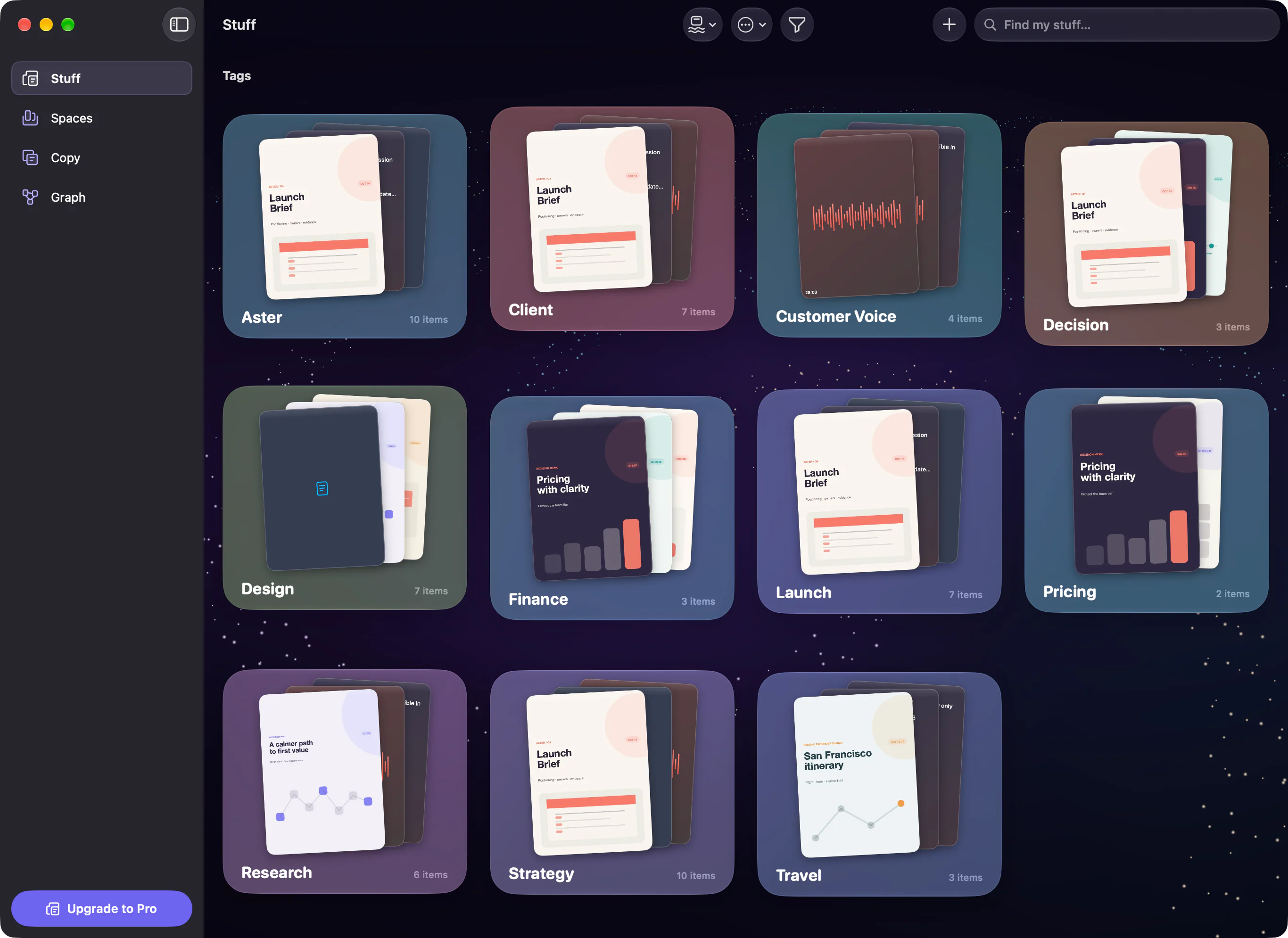 Stuff holding professional PDFs, notes, images, links, and voice recordings in one visual library